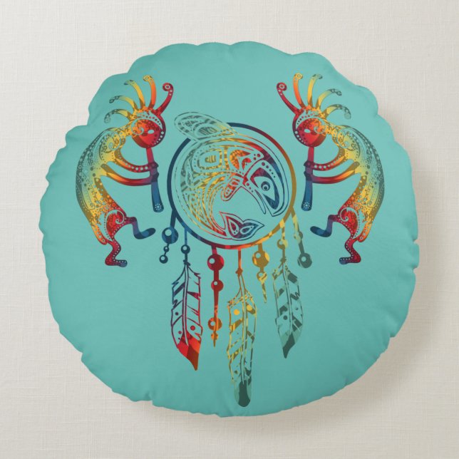Cojín Redondo Sueño nativo americano de ballena Kokopelli 1 (Anverso)
