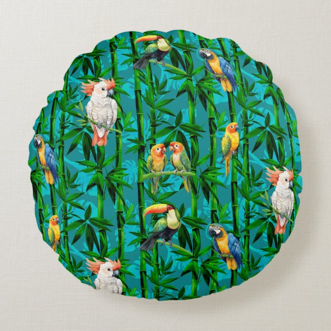 Cojín Redondo Sueños de Selva Tropical Bambú Aves (Anverso)