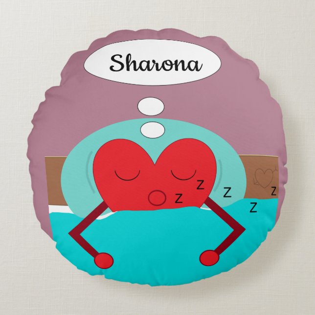 Cojín Redondo Sueños del corazón morado y verde (Anverso)