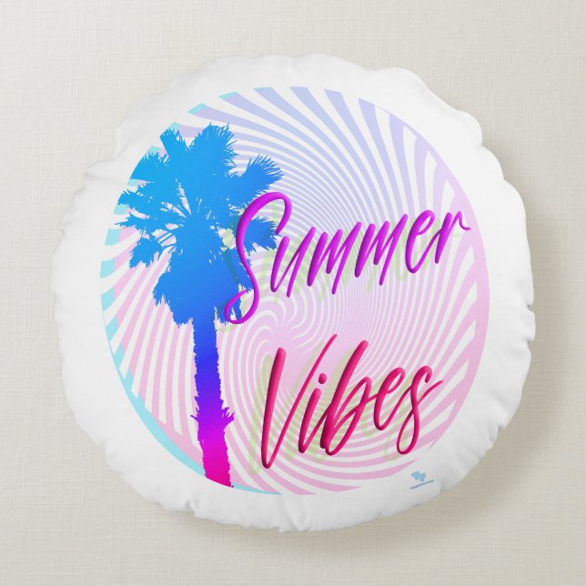 Cojín Redondo Summer Vibes Neon Palm Tree Beach Lifestyle (Anverso)