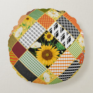 Cojín Redondo Sunflowers Chamomile, Patchwork Watercolor.