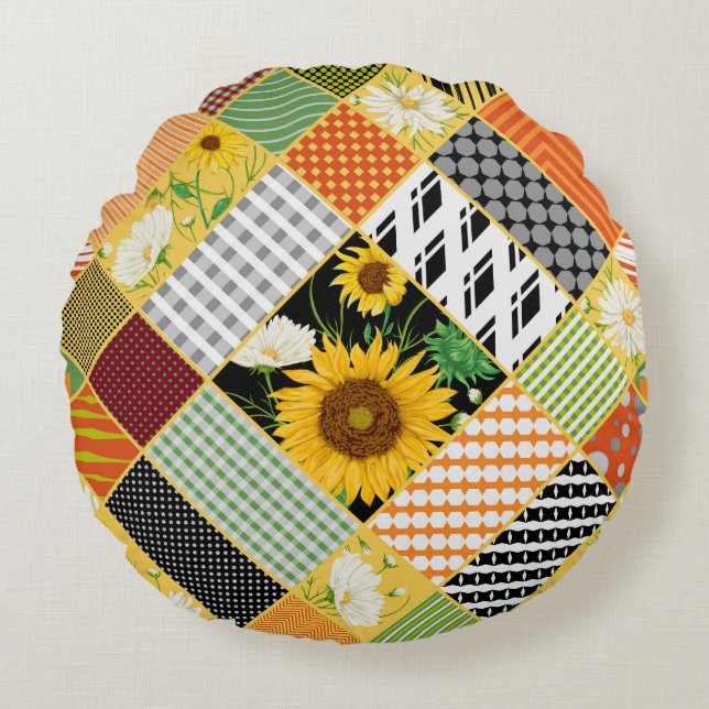 Cojín Redondo Sunflowers Chamomile, Patchwork Watercolor. (Anverso)