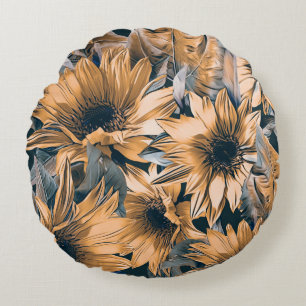 Cojín Redondo Sunflowers seamless pattern. Autumn watercolor bac