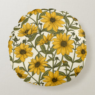 Cojín Redondo Sunroot, girasol salvaje en blanco roto