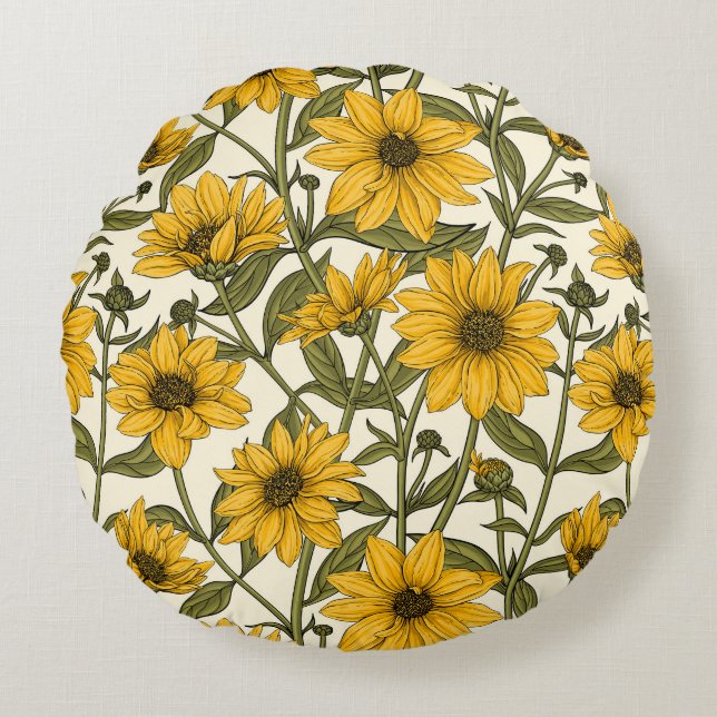 Cojín Redondo Sunroot, girasol salvaje en blanco roto (Anverso)