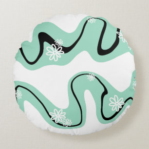 Cojín Redondo Surco de margarita en verde menta, negro y blanco