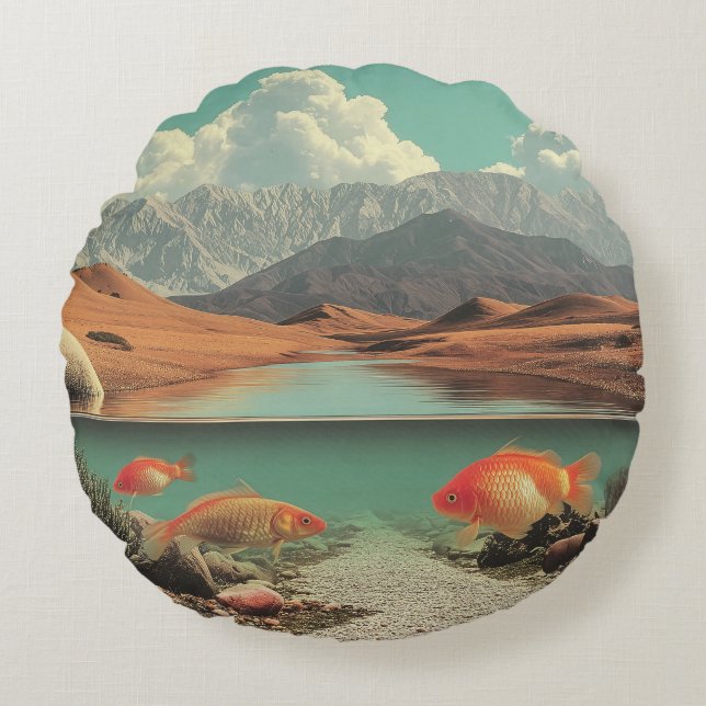 Cojín Redondo Surreal Desert and Lake with Goldfish (Anverso)