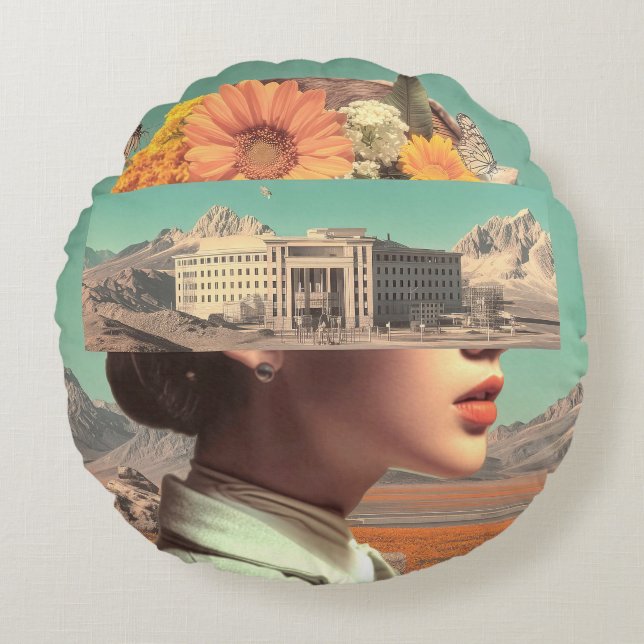 Cojín Redondo Surreal Portrait with Architectural Landscape (Anverso)