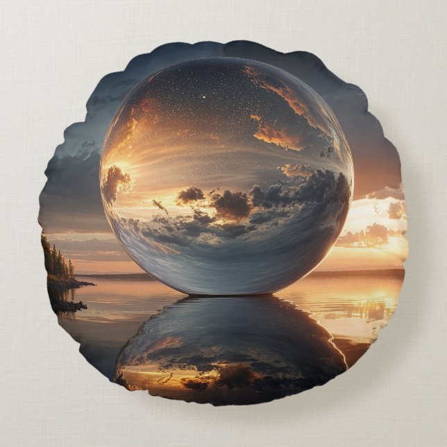 Cojín Redondo Surreal Reflective Sphere With Sunset Clouds Over  (Anverso)