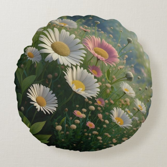 Cojín Redondo Susurros de pradera: Una sinfonía de margarita en  (Anverso)