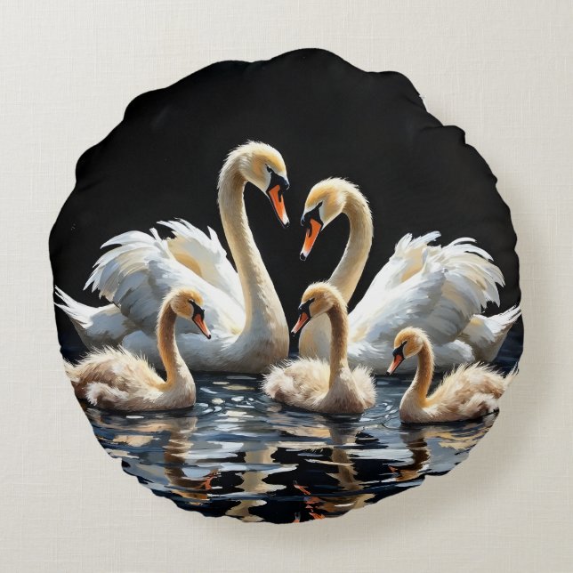 Cojín Redondo Swan Family on Black Lake Artwork (Reverso)
