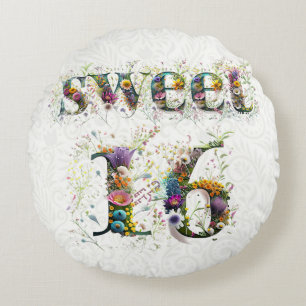 Cojín Redondo Sweet 16 Happy Birthday Wildflowers Text