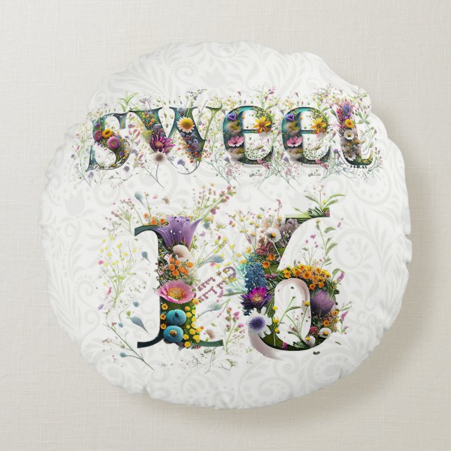 Cojín Redondo Sweet 16 Happy Birthday Wildflowers Text (Anverso)