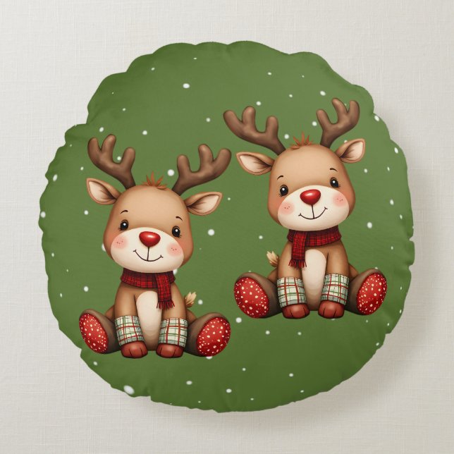 Cojín Redondo Sweet Reindeer Pair in Holiday Snowfall (Anverso)