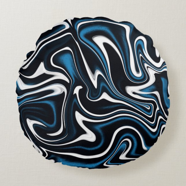 Cojín Redondo Swirls azul, negro y blanco (Anverso)