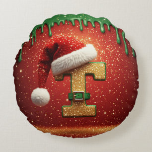 Cojín Redondo T de monograma de Navidad personalizada con sombre