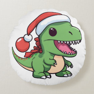 Cojín Redondo T-Rex Dinosaur Kawaii con Sombrero de Navidad