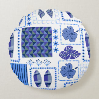 Cojín Redondo Tabla de surf tropical azul patrón de hibisco