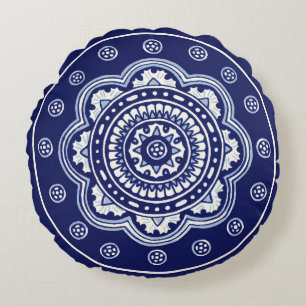 Cojín Redondo Talavera azul y blanca cinco