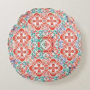 Cojín Redondo Talavera mexicana: Collage de mosaicos étnicos.