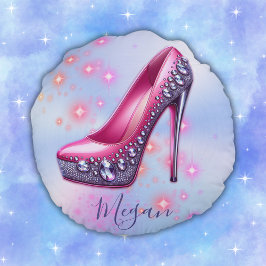 Cojín Redondo Talón alto monogramado en rosa Purpurina sobre azu