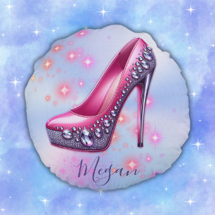 Cojín Redondo Talón alto monogramado en rosa Purpurina sobre azu