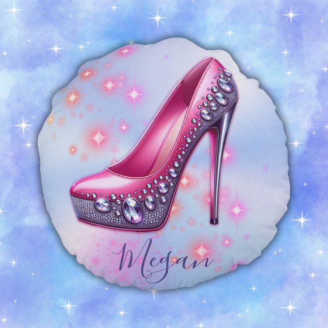 Cojín Redondo Talón alto monogramado en rosa Purpurina sobre azu (Subido por el creador)