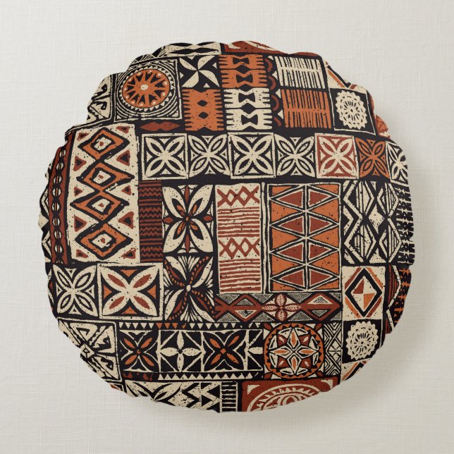 Cojín Redondo Tapa hawaiano: Patchwork tribal (Anverso)