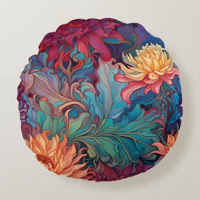 Cojín Redondo Tapiz floral de Dahlia (Anverso)