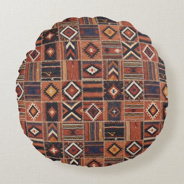 Cojín Redondo Tapiz geométrico de Kilim de patchwork rústico (Anverso)