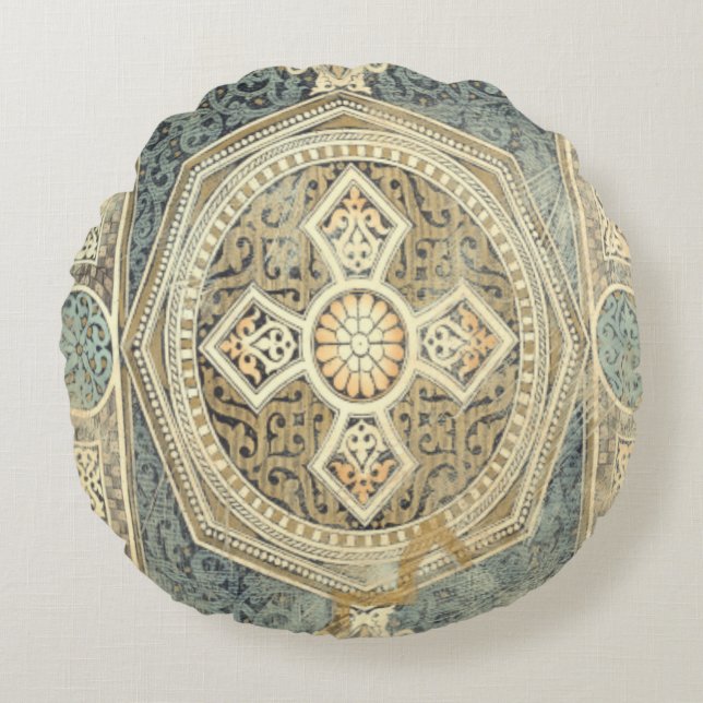 Cojín Redondo Tapiz ornamental con diseño geométrico ornato (Anverso)