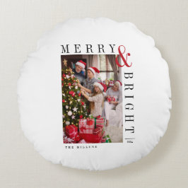 Cojín Redondo Tarjeta fotográfica navideña de escritura moderna