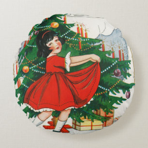 Cojín Redondo Tarjeta postal retro de Navidad, niño y árbol de N