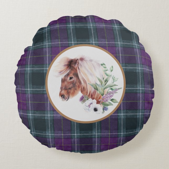 Cojín Redondo Tartan Floral Horse Scottish Tema (Anverso)