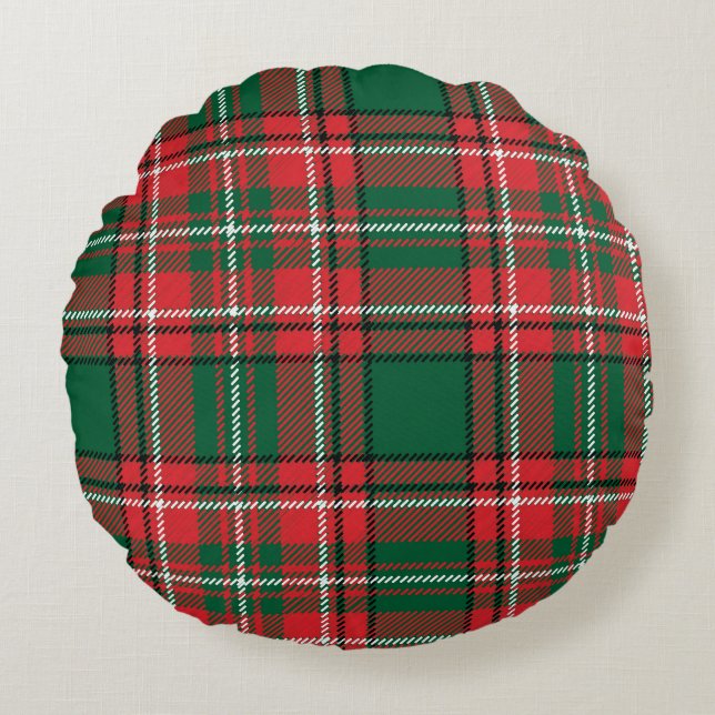 Cojín Redondo Tartán tradicional: tónica rojizo-verde de yeso. (Anverso)