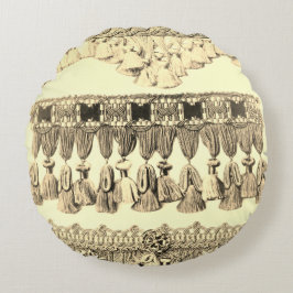 Cojín Redondo Tassel antiguo encaje patrón tribal crema negro