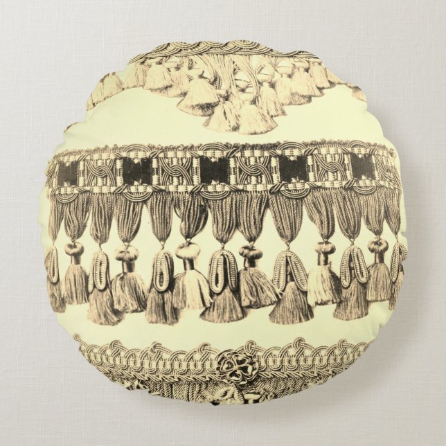 Cojín Redondo Tassel antiguo encaje patrón tribal crema negro (Anverso)