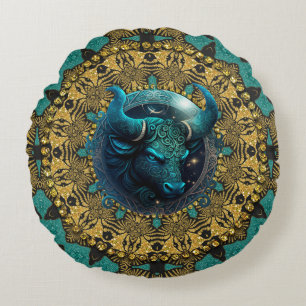 Cojín Redondo Tauro Zodiaco Tribal Terroso Dorado Verde Teal