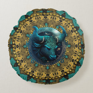 Cojín Redondo Tauro Zodiaco Tribal Terroso Dorado Verde Teal