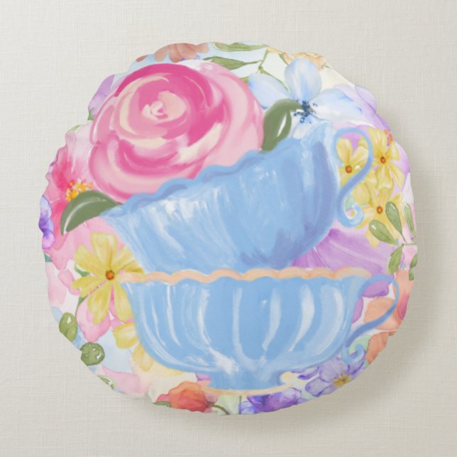 Cojín Redondo Tazas de té de flores bonitas (Anverso)