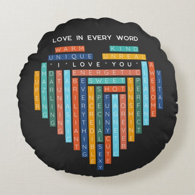 Cojín Redondo Te amo - búsqueda de palabras de amor - rompecabez (Anverso)