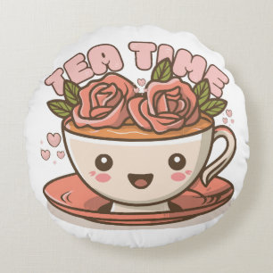 Cojín Redondo Té de Rosa Tiempo de Té Kawaii