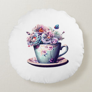 Cojín Redondo Teacup antiguo con flores de época