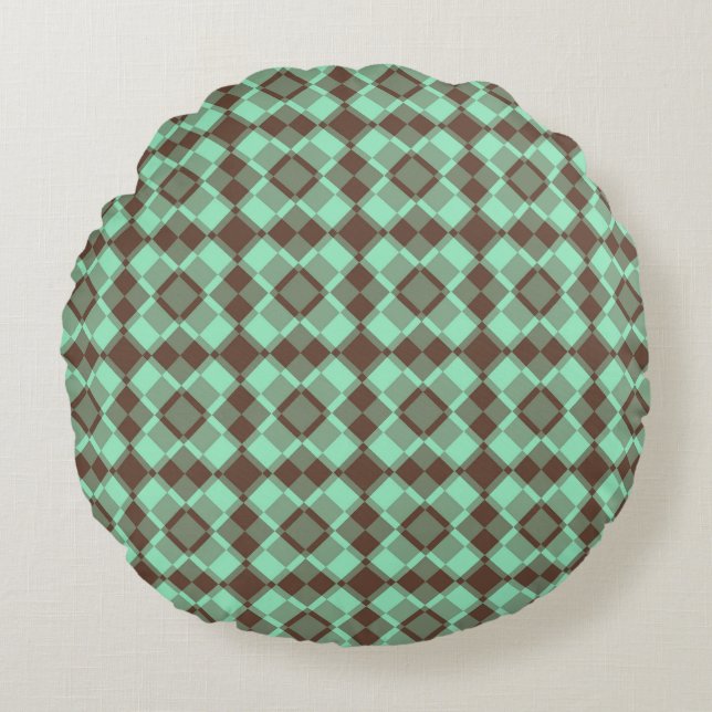Cojín Redondo Teal Brown Checker Argyle Pattern (Anverso)