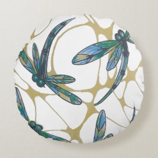 Cojín Redondo Teal & Emerald Dragonflies on Retro Yellow Groove