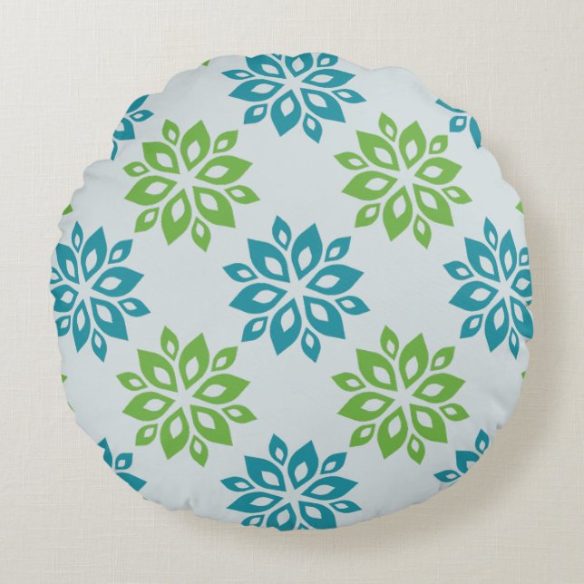 Cojín Redondo Teal  & Green Floral Bloom Pattern Round Pillow (Anverso)