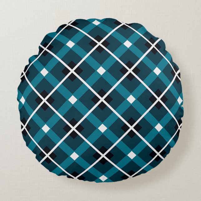 Cojín Redondo Teal & Navy Geometric Grid Pattern (Anverso)