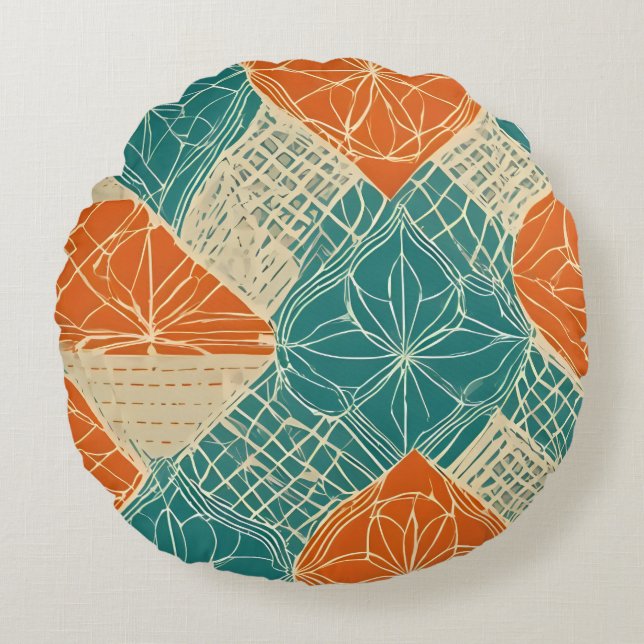 Cojín Redondo Teal, Orange, and Tan Abstract Flowers (Anverso)