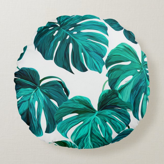 Cojín Redondo Teal Tropical Monstera Leaf Seamless Pattern Art (Anverso)