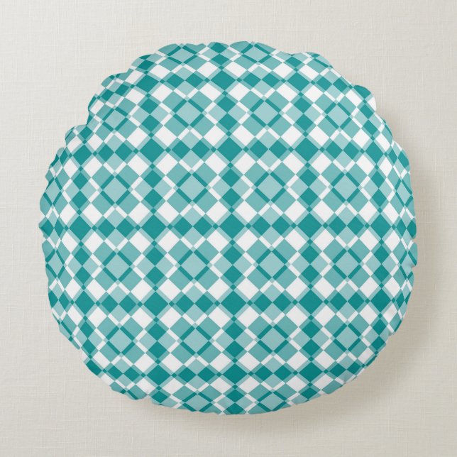 Cojín Redondo Teal White Checker Argyle Pattern (Anverso)